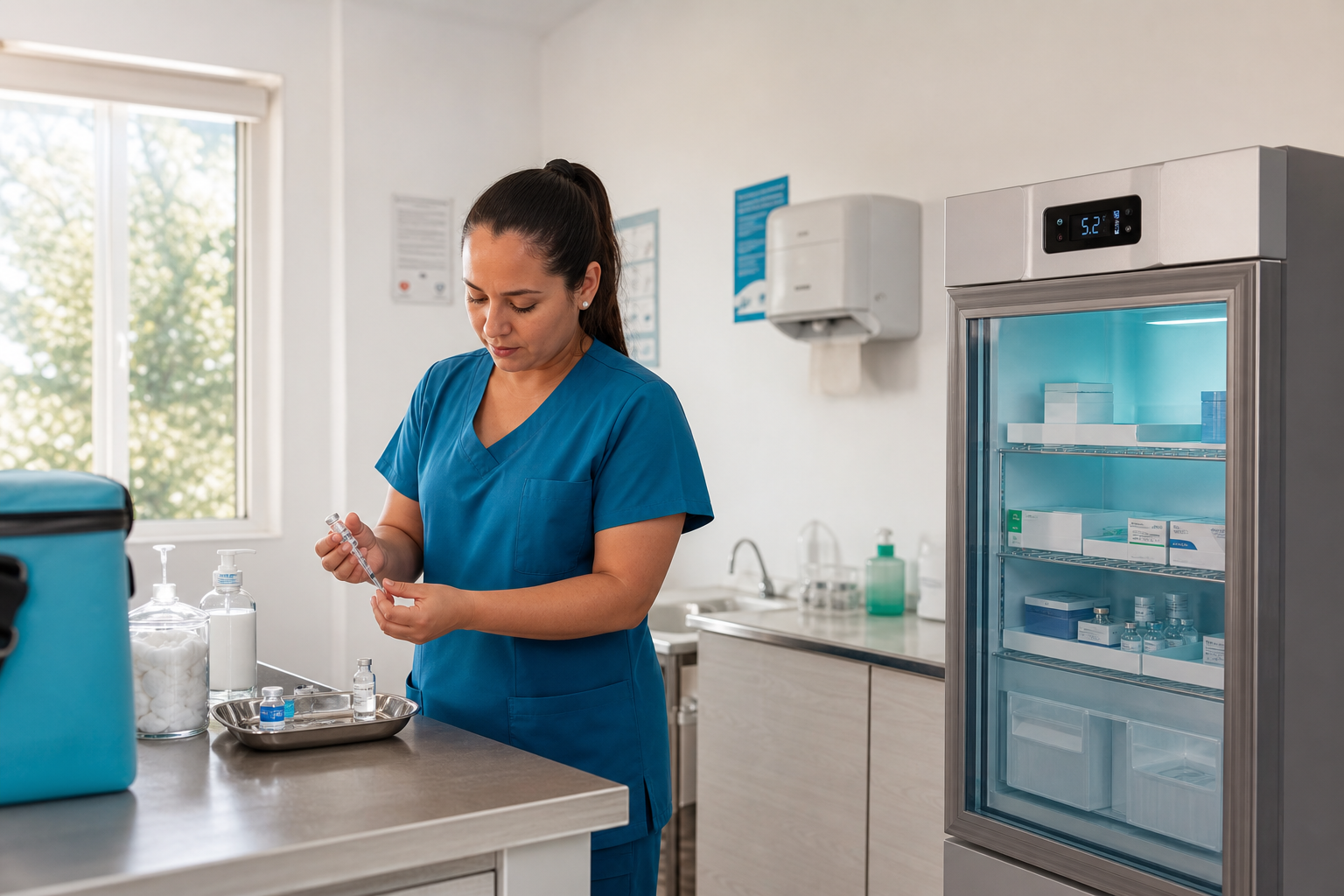 Profesional trabajando junto a una heladera de vacunas